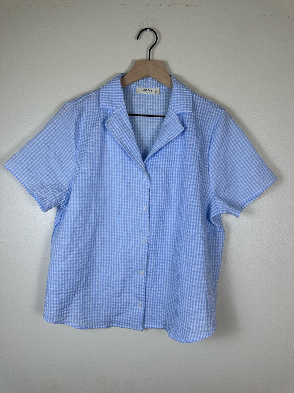 WILD LOVE Women Large Cotttagecore Light Blue Gingham Button-Up Shirt